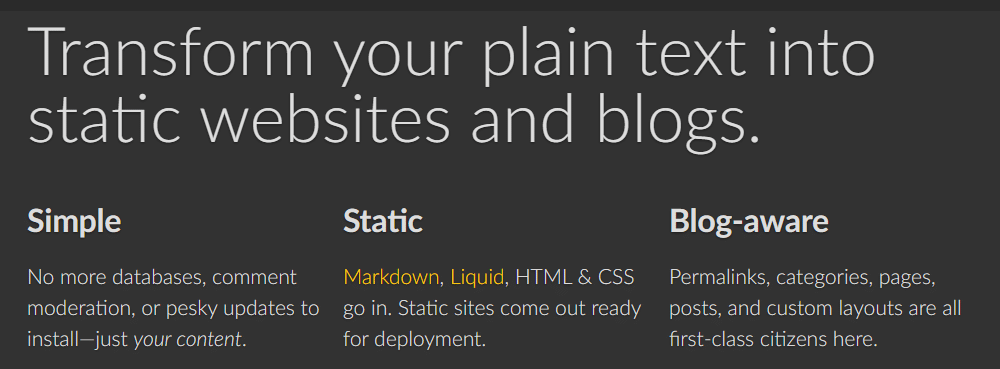 A página inicial do Jekyll com o título "Transforme seu texto simples em sites e blogs estáticos".