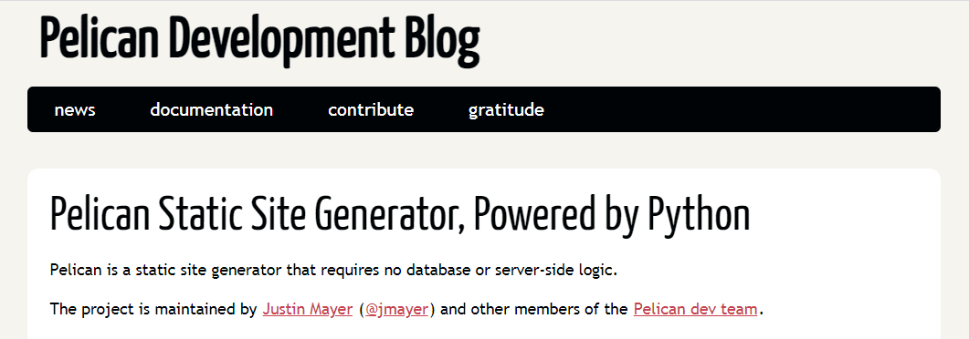 A página do blog do gerador de site estático Pelican com o título "Gerador de site estático Pelican, desenvolvido com Python".