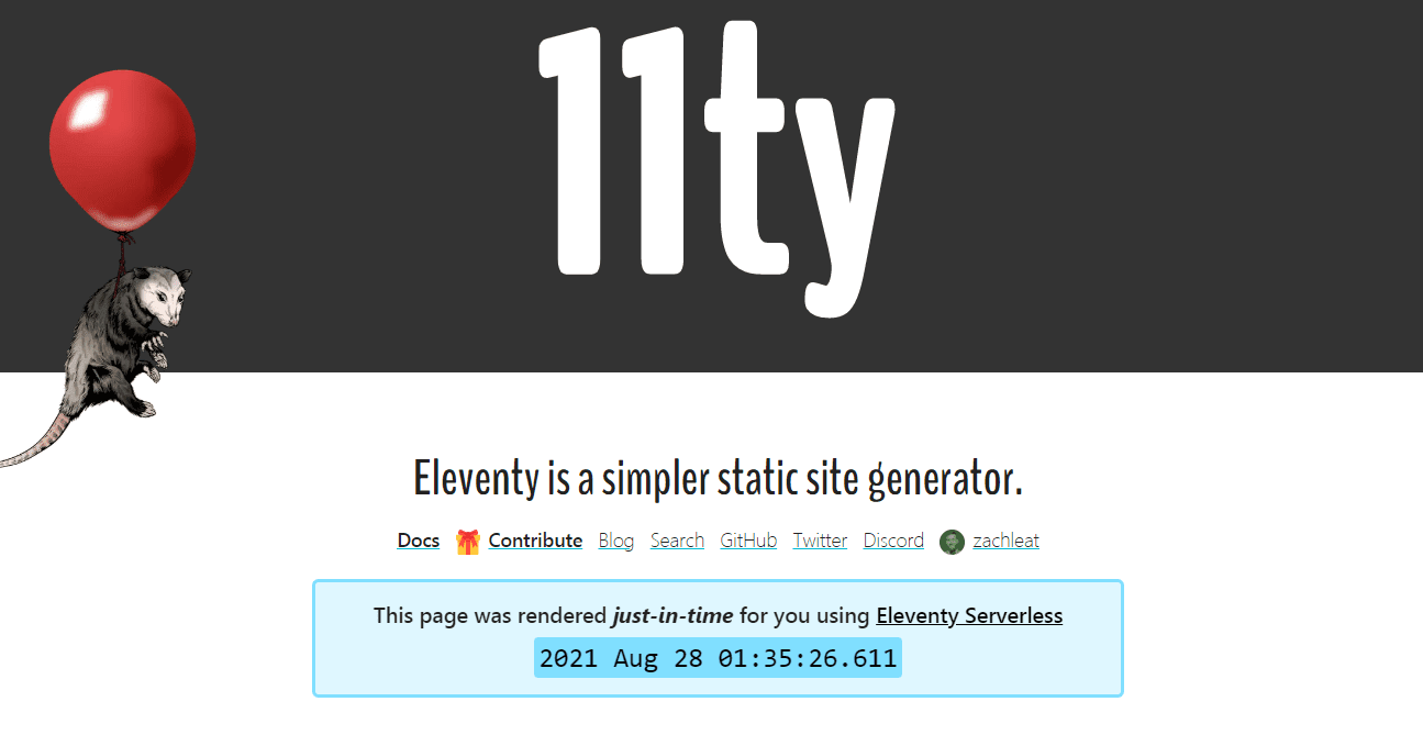 A página inicial do gerador de site estático Eleventy com o título "Eleventy é um gerador de site estático mais simples".