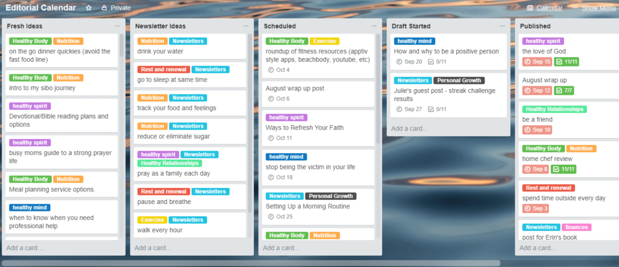 Trello'da editoryal takvim.