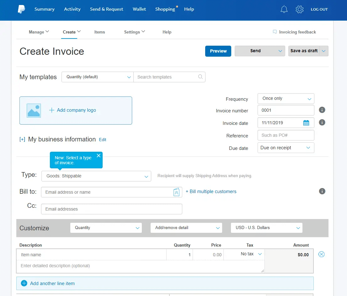 PayPal fatura yönetimi sayfasının ekran görüntüsü.