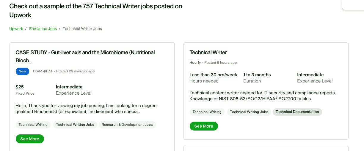 Upwork.com'da teknik serbest yazarlık iş ilanları.