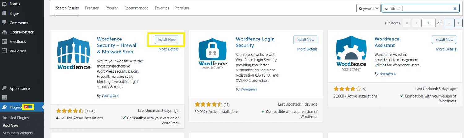 WordPress eklenti deposundan Wordfence Security eklentisini yükleyin