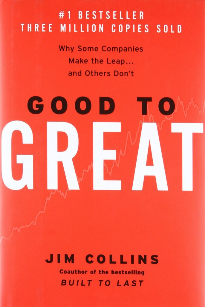 Cover des Buches Good to Great von Jim Collins mit dem Titel in großem Schwarz-Weiß-Text auf rotem Hintergrund mit einem Liniendiagramm.