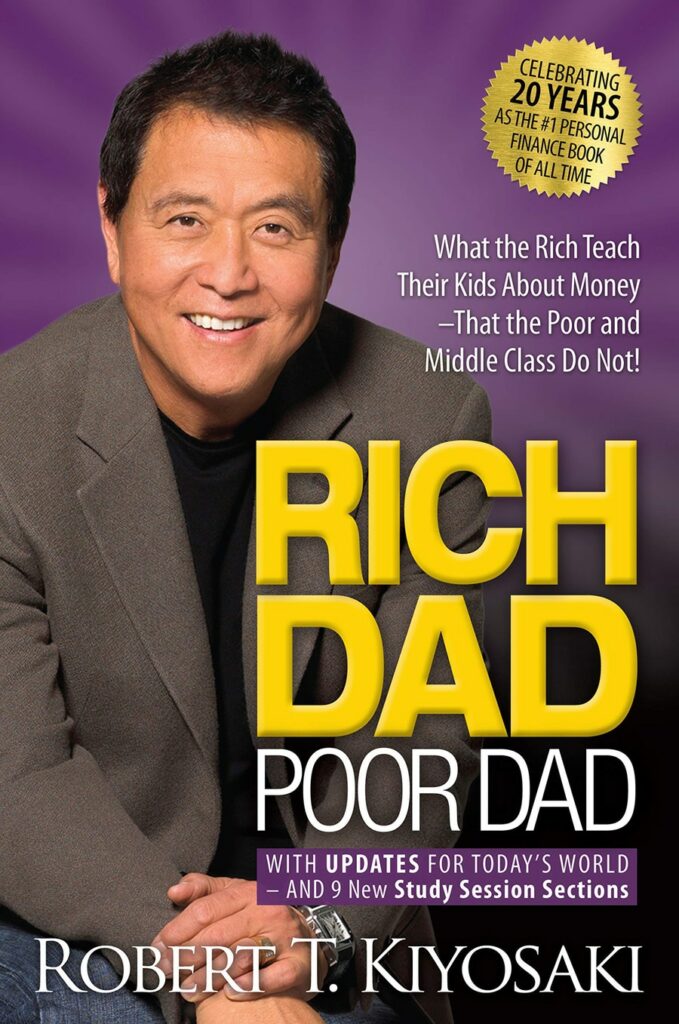 Cover des Buches Rich Dad Poor Dad mit einem Foto des Autors Robert T. Kiyosaki im Anzug, der in die Kamera lächelt.