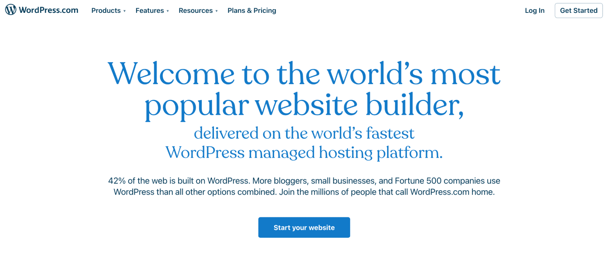 WordPress.com ana sayfasının, beyaz bir arka plan üzerinde mavi metin içeren bir ekran görüntüsü