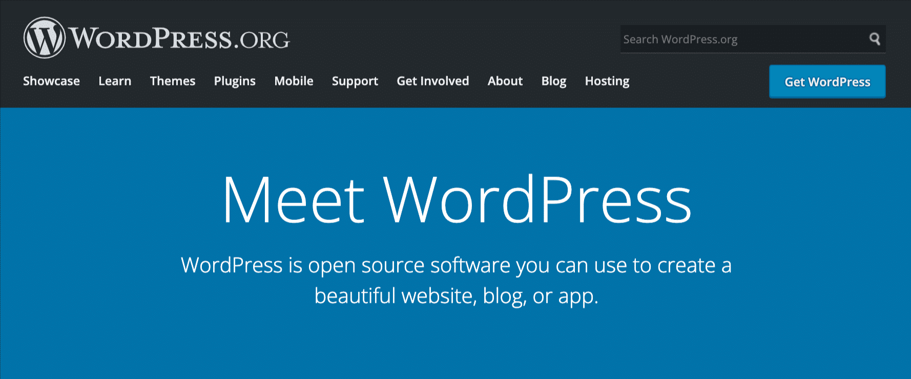 WordPress.org ana sayfasının mavi bir arka plan üzerinde beyaz metin içeren bir ekran görüntüsü