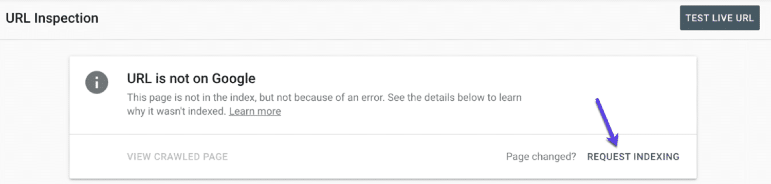 "Dizin Oluşturma İste" seçeneğini gösteren bir ok bulunan Google Arama Konsolu URL Denetleme aracı.