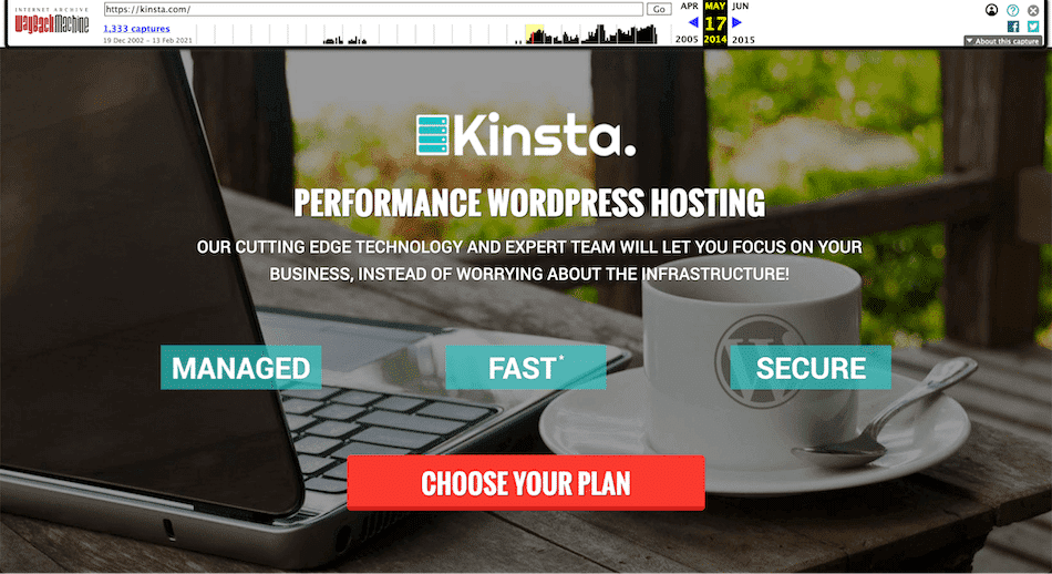 Wayback Machine'deki 2014 Kinsta web sitesinin ekran görüntüsü.