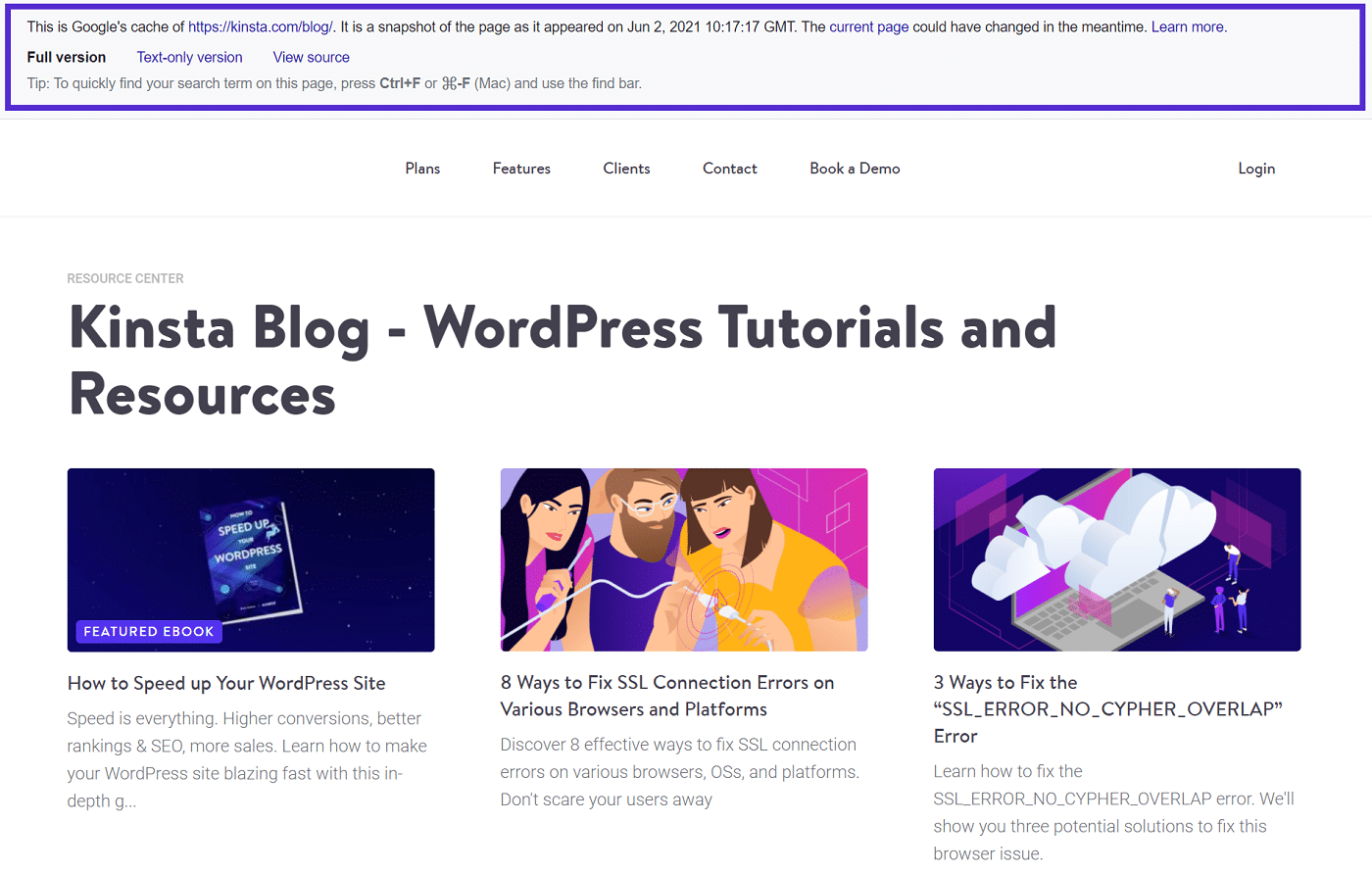 "Kinsta Blog - WordPress Eğitimleri ve Kaynakları" başlıklı bir Kinsta sayfasının önbelleğe alınmış sürümünün ekran görüntüsü.