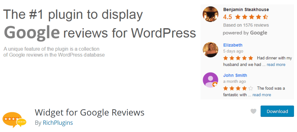 Google İncelemeleri için Widget eklentisi ana sayfasının ekran görüntüsü