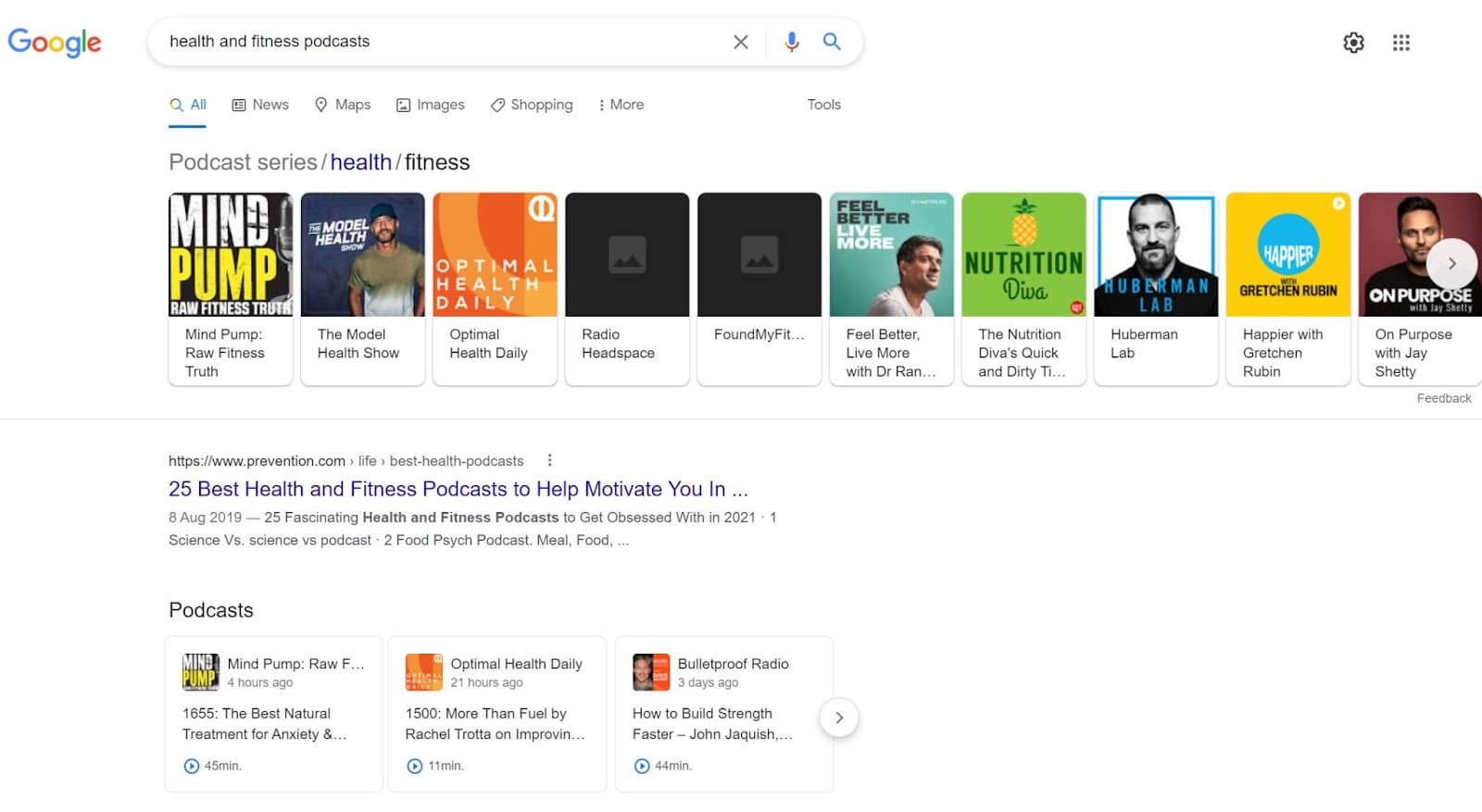 "sağlık ve fitness podcast'leri" için Google arama sonuçları