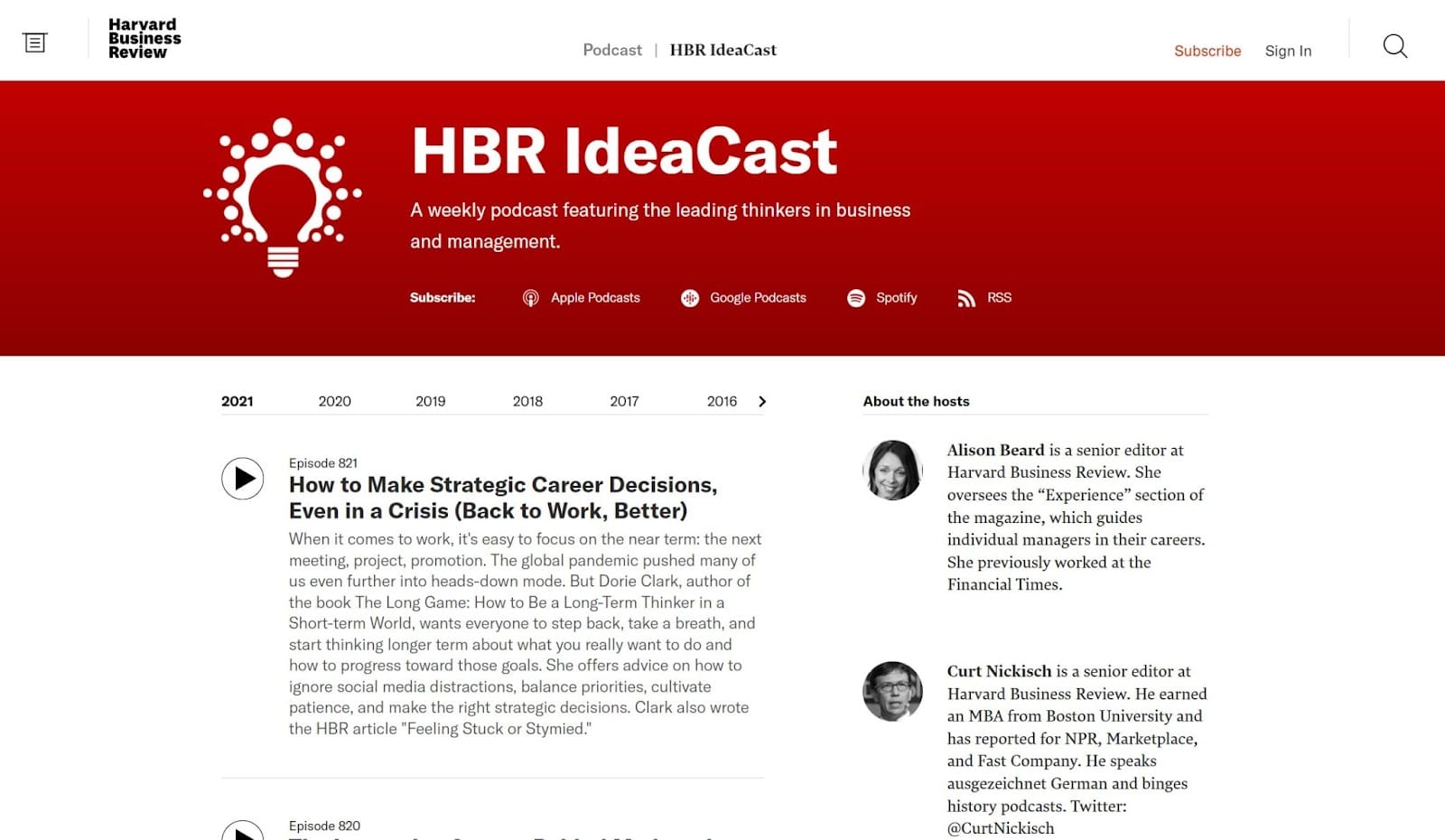 HBR IdeaCast podcast ana sayfasının ekran görüntüsü
