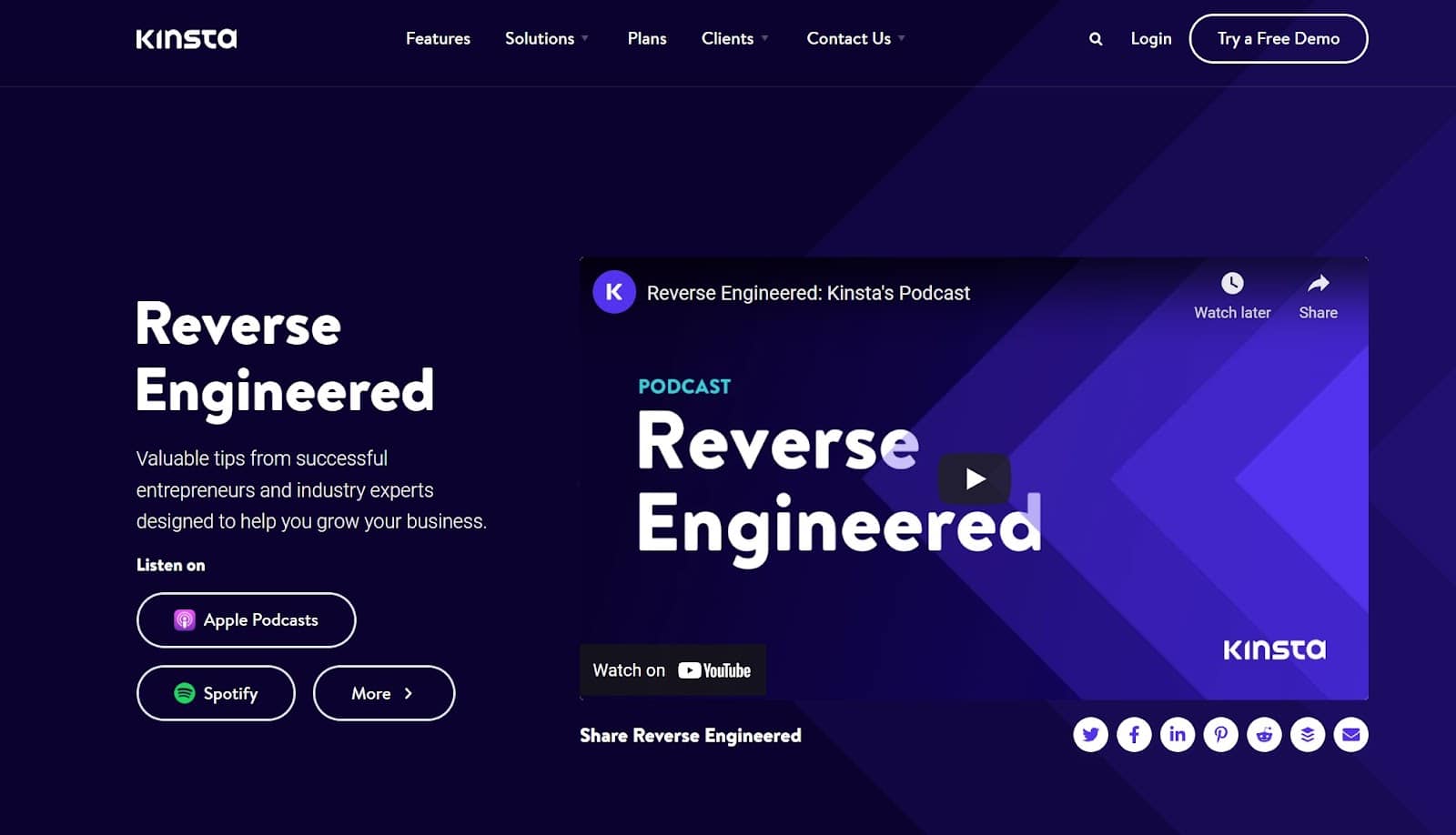 Kinsta'nın Tersine Mühendislik podcast ana sayfasının ekran görüntüsü.