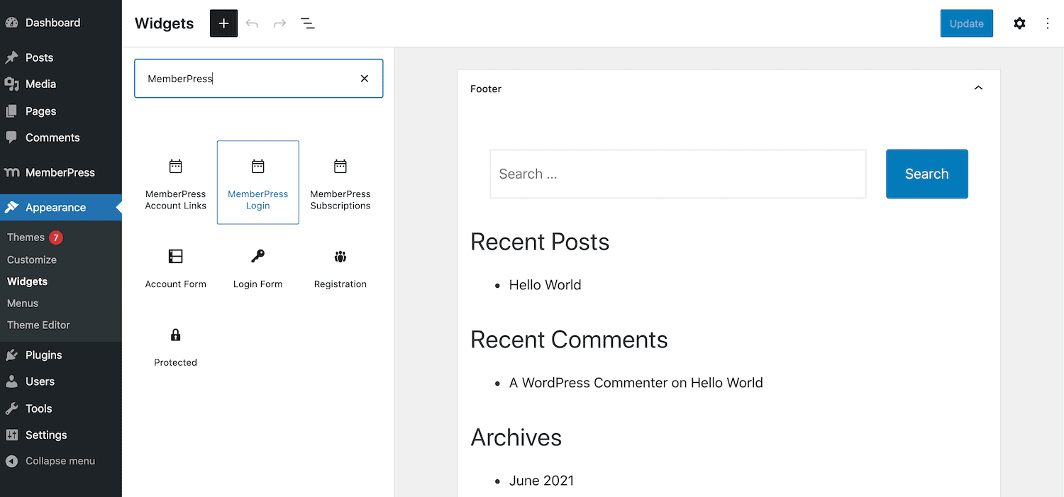 MemberPress'te oturum açma formu widget'ı