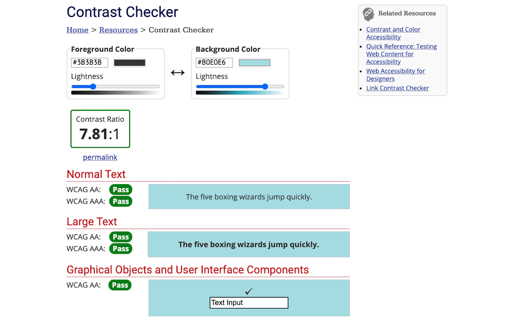 Çeşitli metin-arka plan renk kontrast oranlarını test etmek için bir kontrast denetleyicisi kullanın.
