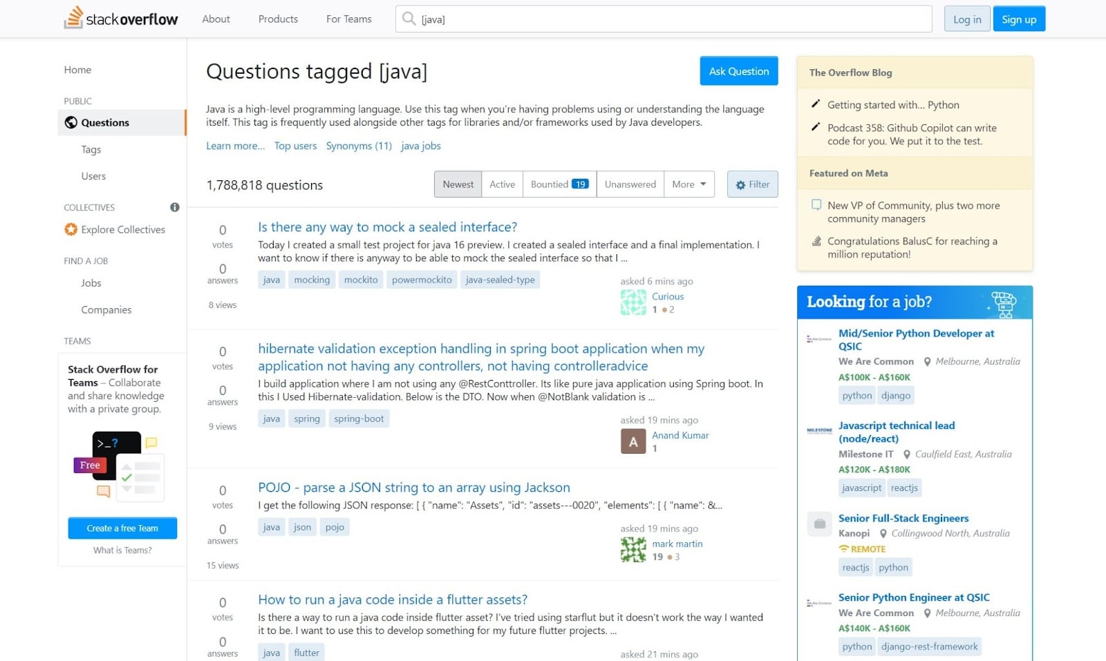 StackOverFlow'un Java etiketinin ekran görüntüsü