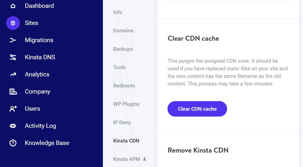 MyKinsta panosundaki CDN önbelleğini temizleyin