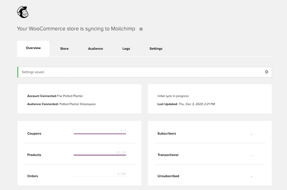 Mailchimp'in WooCommerce entegrasyon seçeneği.