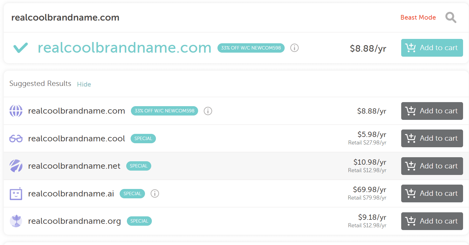 NameCheap'te alan adı uzantısı seçeneklerinin listesi