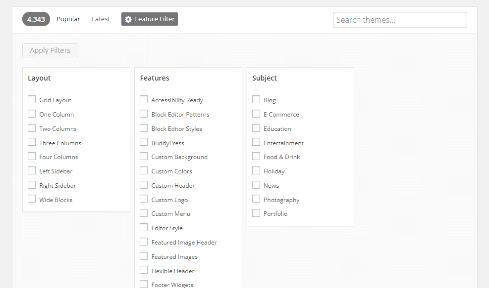 WordPress tema deposundaki Özellik Filtresi