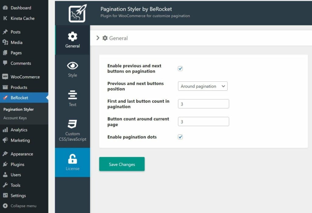 WooCommerce 플러그인 설정 영역에 대한 페이지 매김 스타일러.