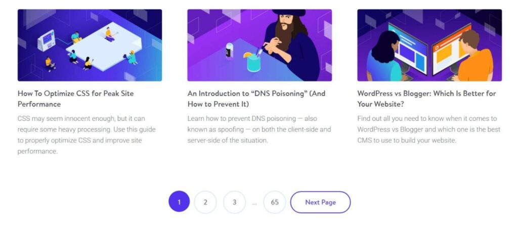 Kinsta 블로그는 방문자가 더 쉽게 탐색할 수 있도록 더 많은 페이지 매김 옵션을 제공합니다.