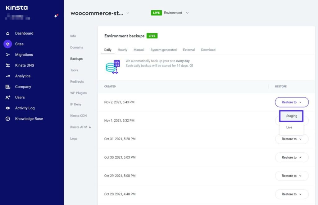 Kinstaステージングにバックアップを復元する方法。