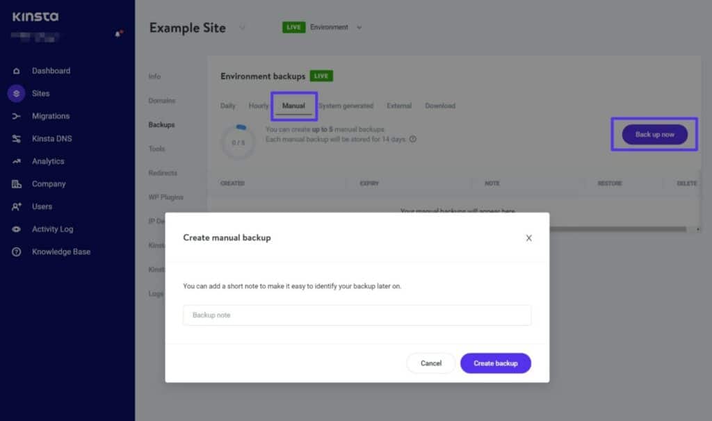 Kinstaで手動バックアップを取る方法。