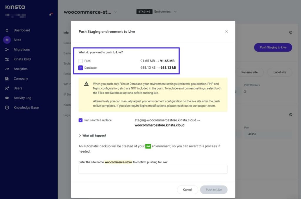 Kinstaの選択的プッシュ機能を使用してWooCommerceデータベースのみをライブでプッシュする方法。
