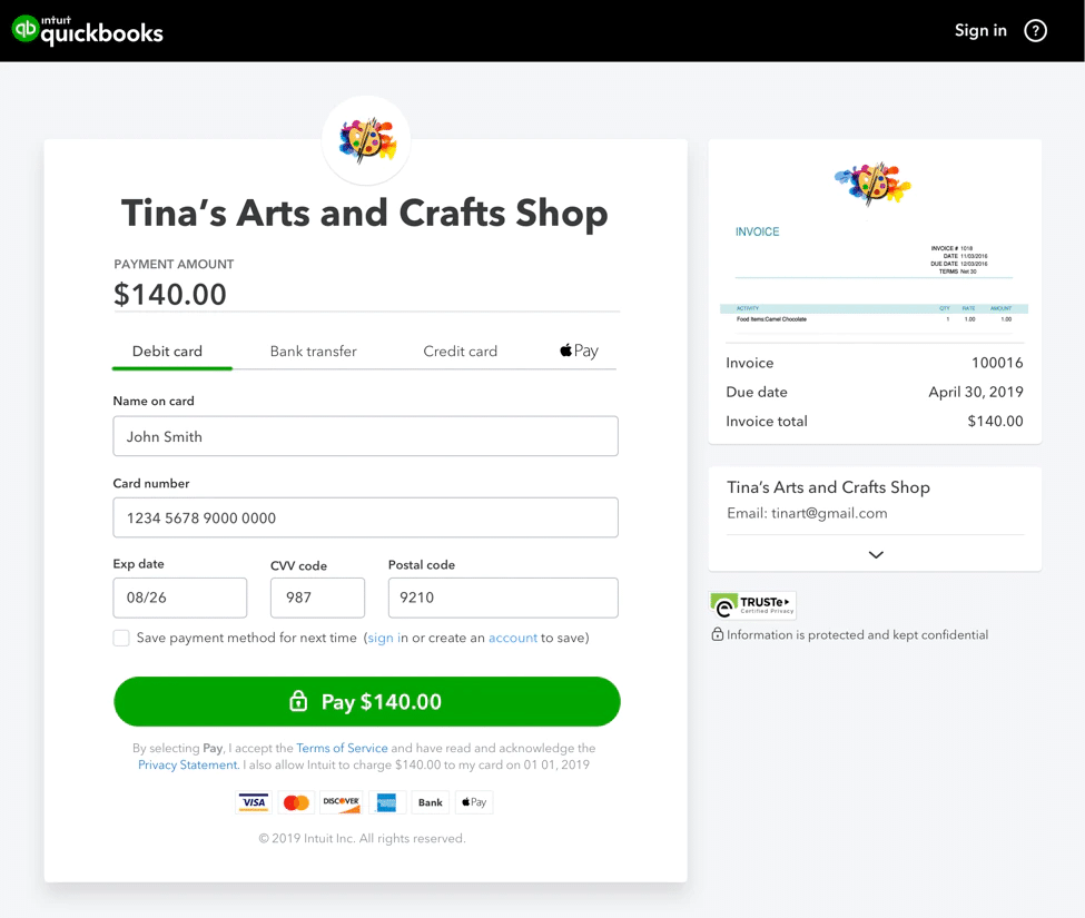 QuickBooks çevrimiçi ödeme portalı