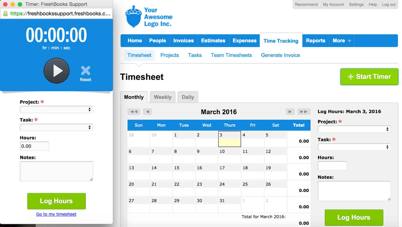 FreshBooks zaman takibinin bir ekran görüntüsü