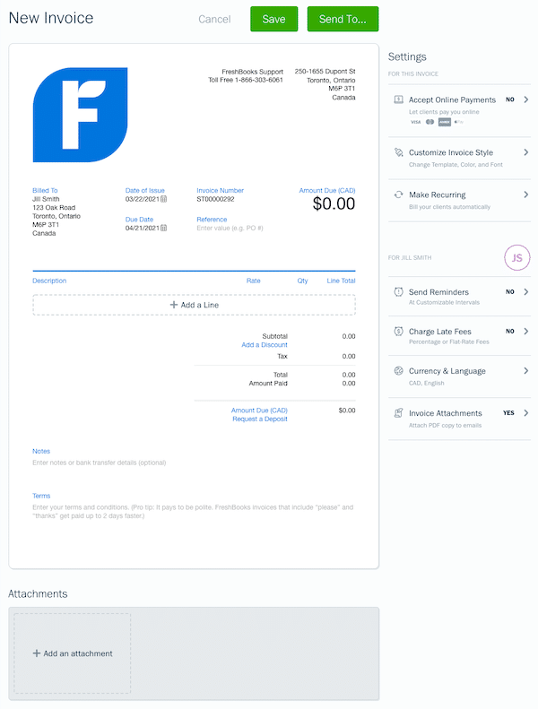 Freshbooks faturası örneği