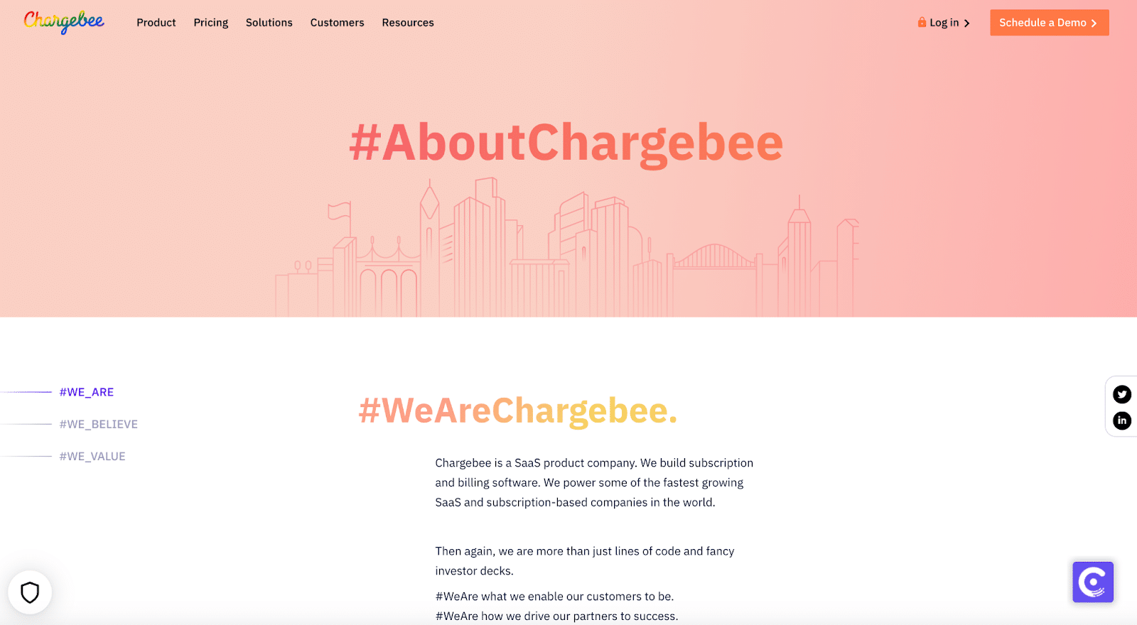 ChargbeeのAboutUsページは、そのサイトの重要なコンポーネントです。