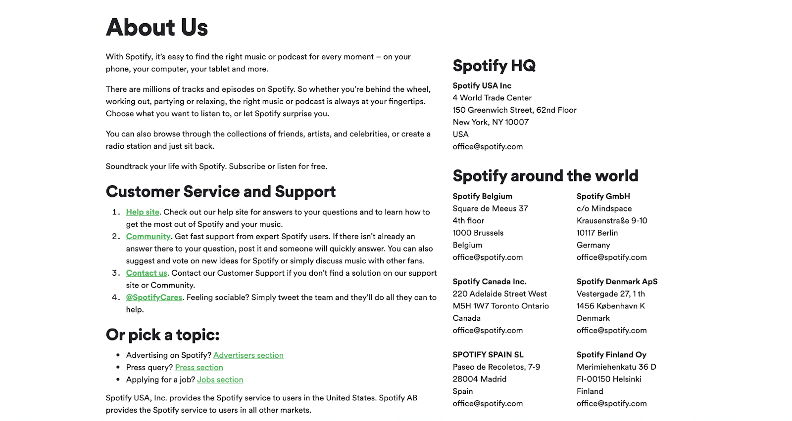 SpotifyのAboutUsページには重要な情報のみが掲載されています。