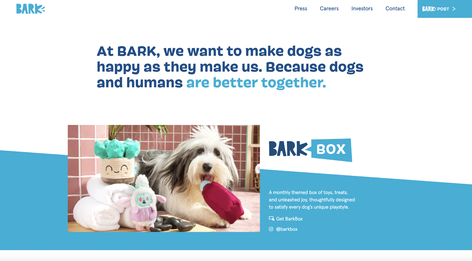BarkBoxのAboutUsページは、魅力的で魅力的です。