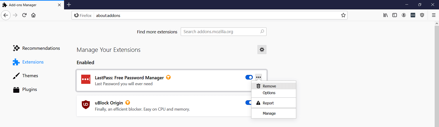 Firefox拡張機能を削除する