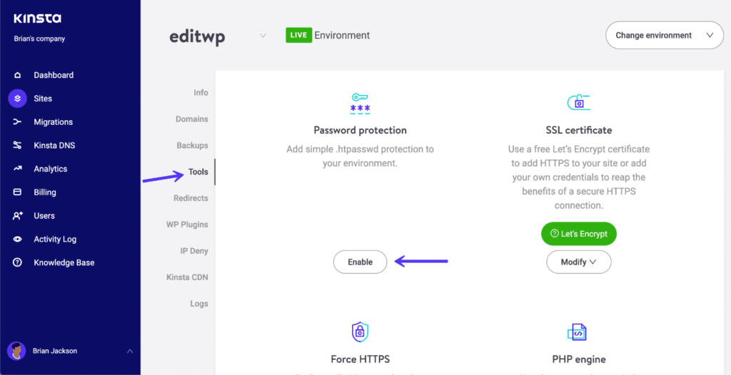 MyKinstaでのパスワード保護
