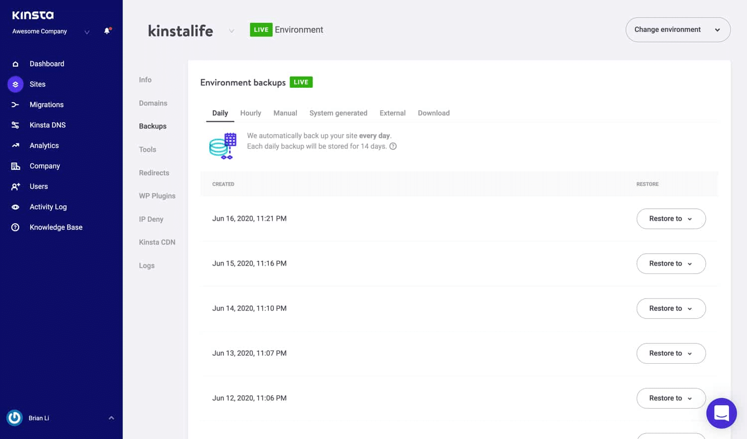 MyKinstaを使用してWebサイトをバックアップします