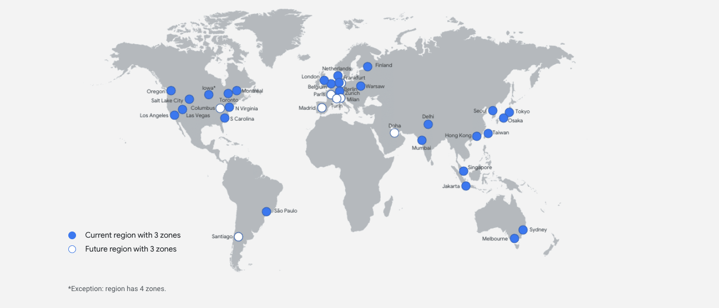 Eine Weltkarte der Google Cloud-Regionen.