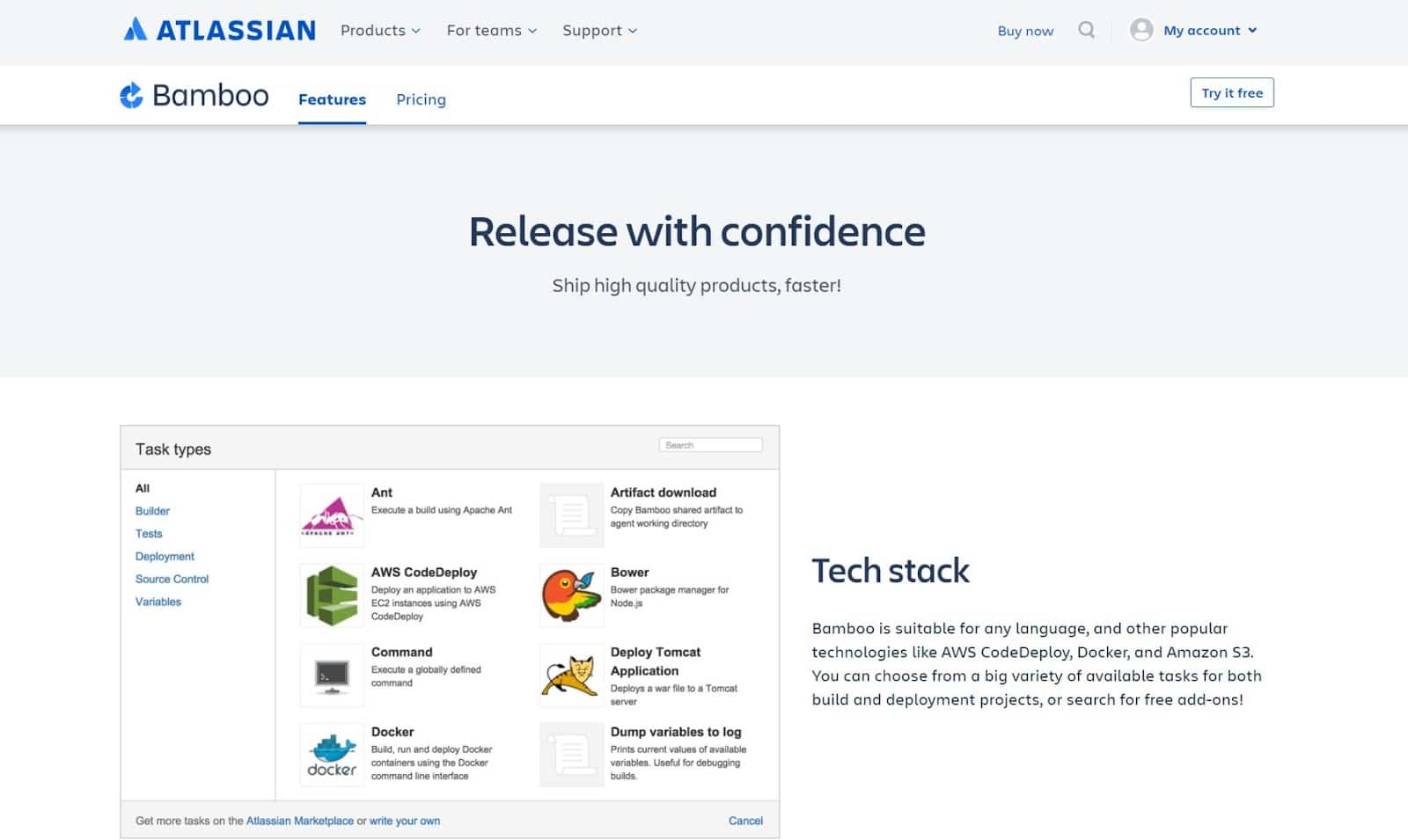 AtlassianBambooの機能ページ