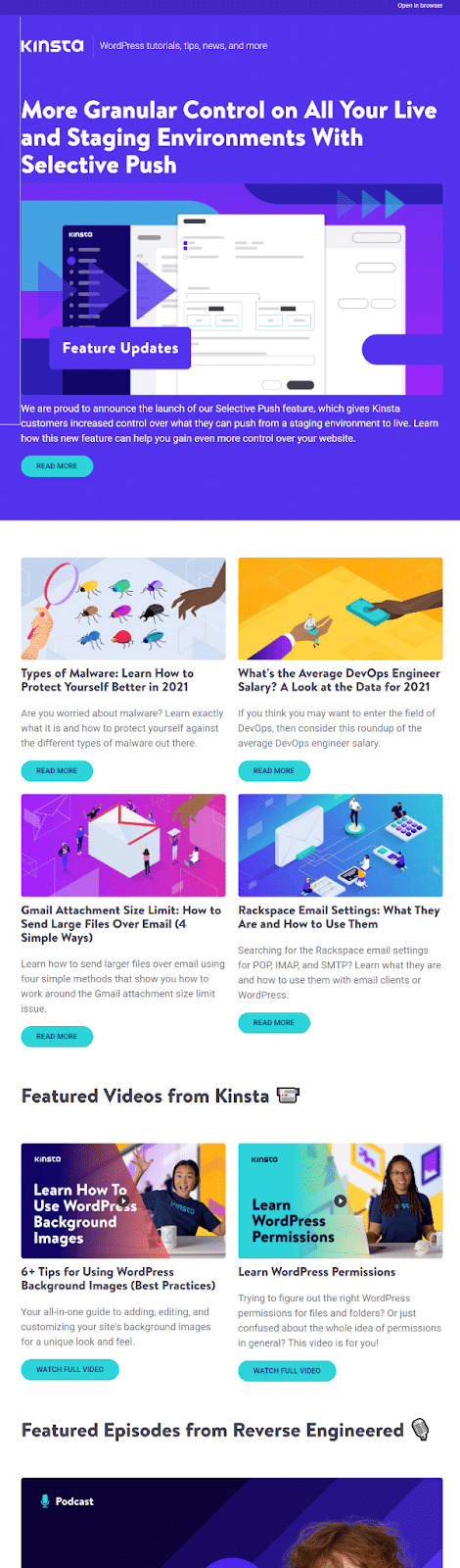 Kinsta ürün özelliği duyuru e-posta bülteni
