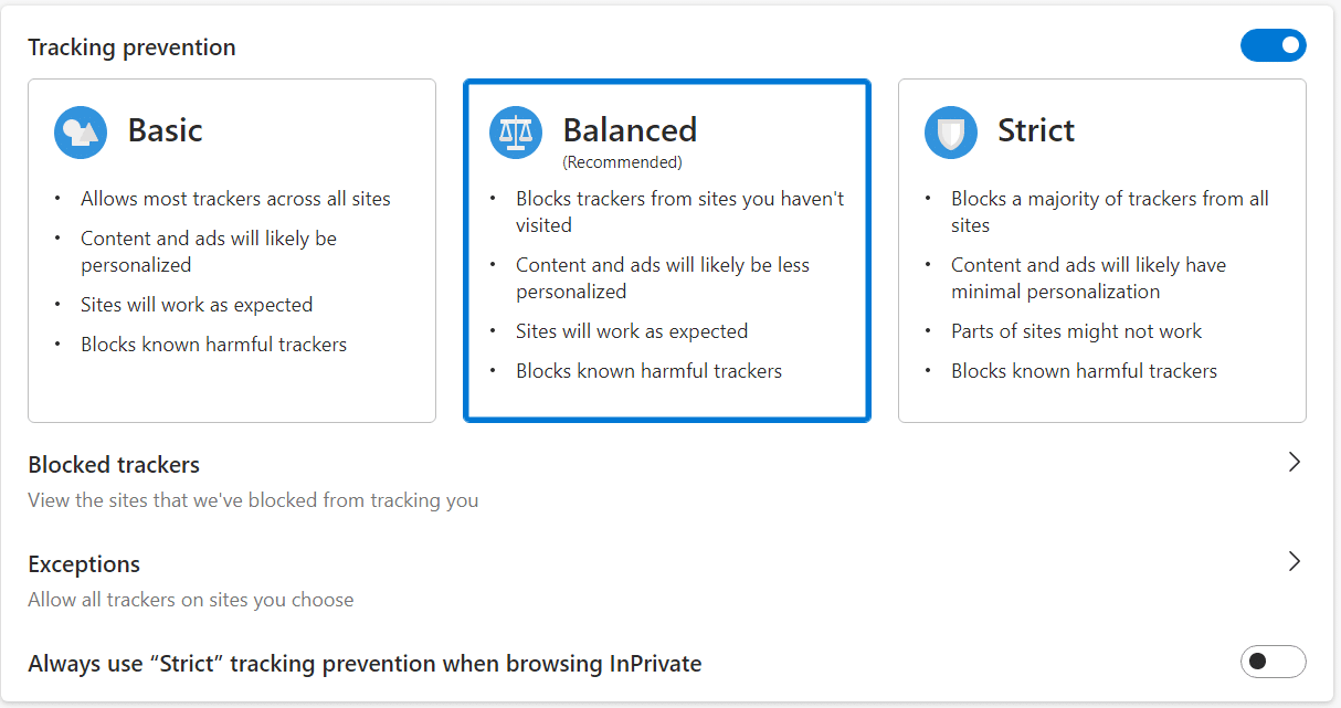 Microsoft Edge'de izleme önleme ayarları