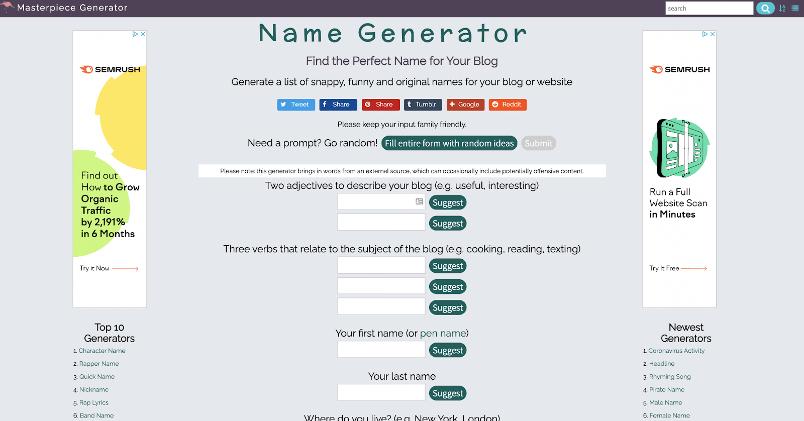 Masterpiece Generator, blog adı fikirlerinizi bağlamanıza yardımcı olabilir