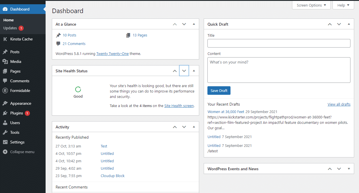 WordPress kontrol paneli