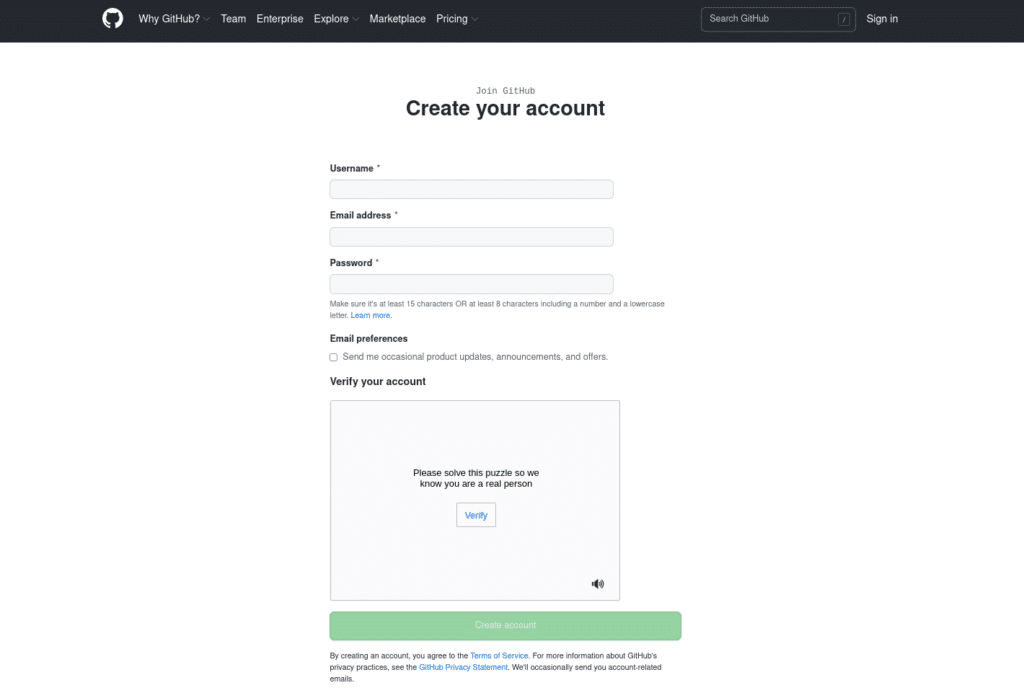 En üstte "Hesabınızı oluşturun" kelimelerinin bulunduğu GitHub kayıt sayfası.