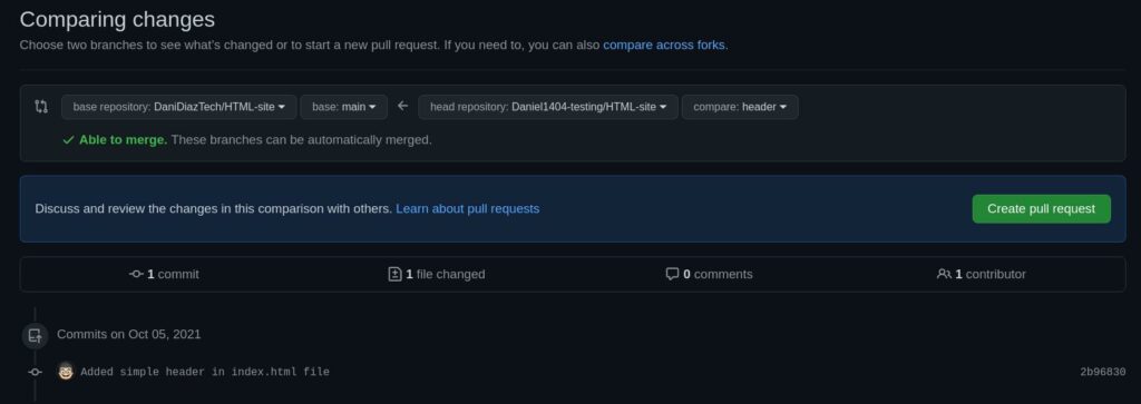 GitHub'da "Değişiklikleri karşılaştırma" başlığıyla çekme isteği oluşturma.