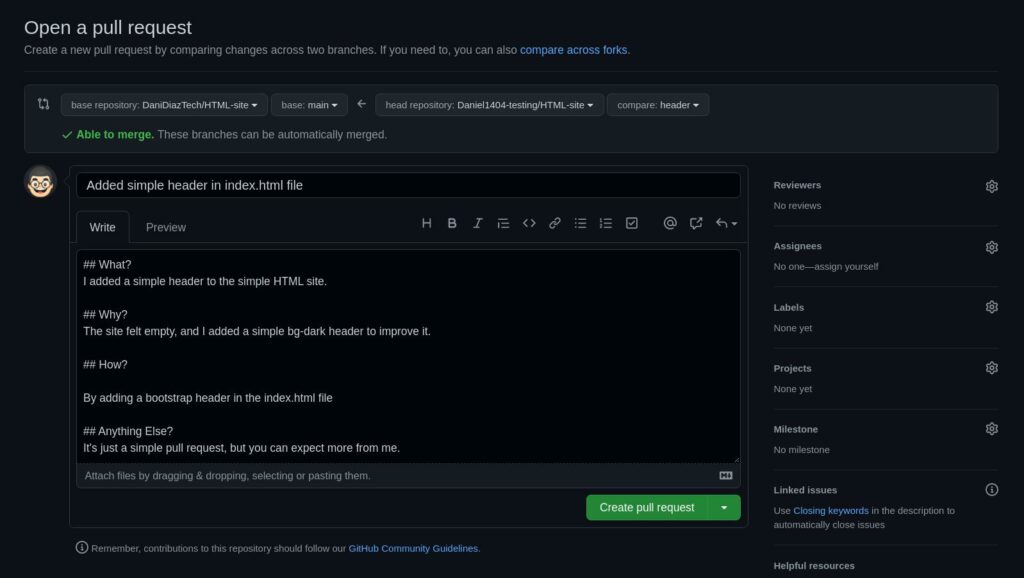 GitHub'daki "Bir çekme isteği aç" sayfası, çekme isteğinin ne, neden ve diğer ayrıntılarını açıklayan bir çekme mesajı gösterir.