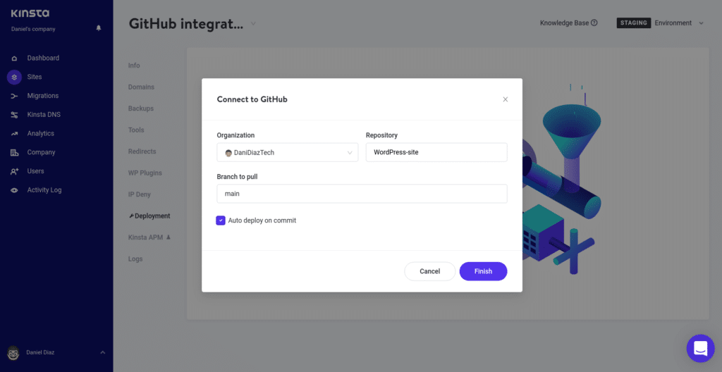 "Son" düğmesi dahil olmak üzere çeşitli seçeneklerle Kinsta'yı GitHub modeline bağlayın.