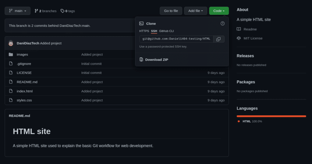 GitHub'daki "Kod" düğmesinin altındaki SSH repo URL'si.